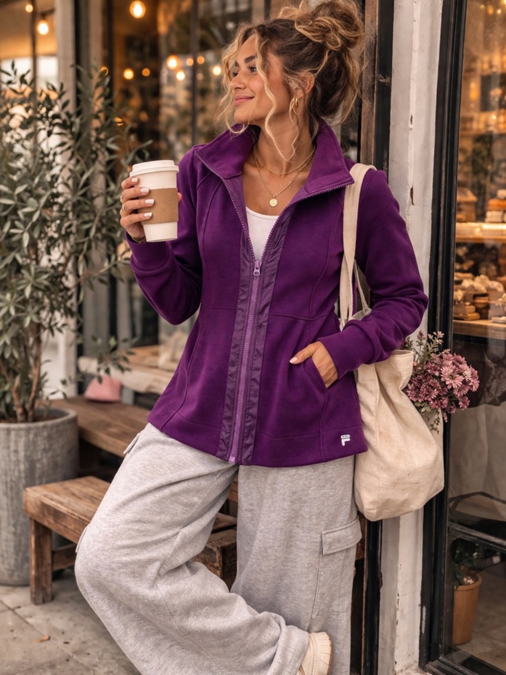 Fila Sport Grape Purple Zip-Up Jacket‎ Flare Fit Cozy Athleisure Yoga Gym XS